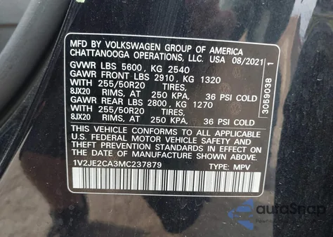 2021 Volkswagen Atlas Cross Sport 3.6L V6 Se W/Technology from USA, damaged, VIN 1V2JE2CA3MC237879